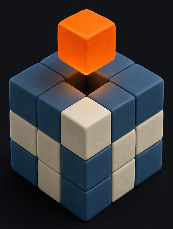 FactoryOS mark: a cube of clay blocks with one glowing module descending into place